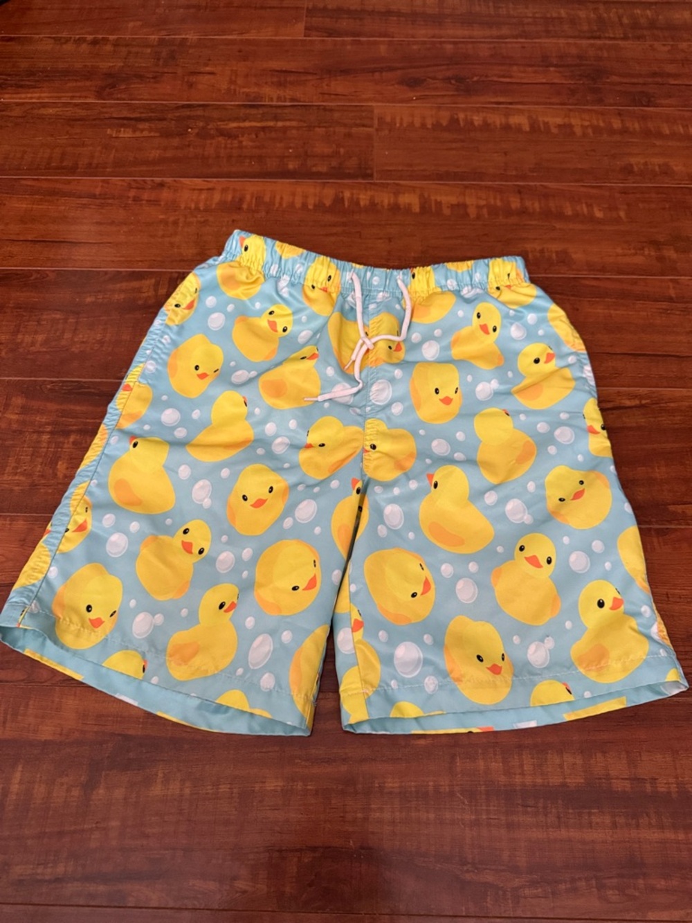 Kids' Light Blue Swim Trunks with Yellow Rubber Duck Print